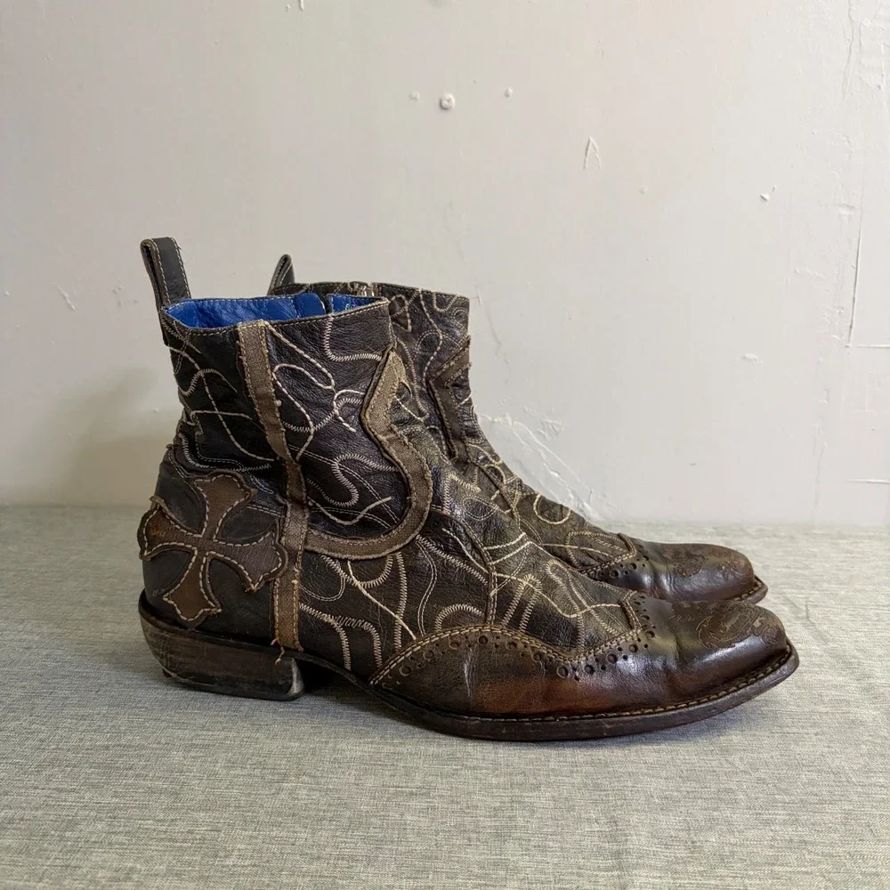 Mark Nason Boots Mens 11 Brown Rock Lir Italian‎ Leather Cross Embroidered Ankle